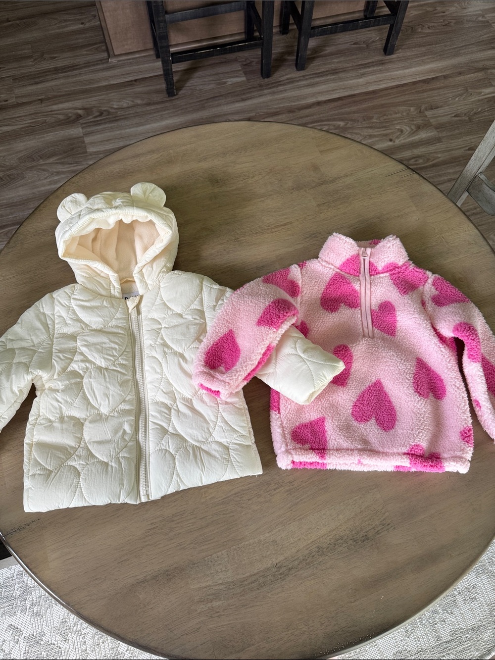 Old Navy Cream Heart Quilted Hooded Winter Jacket and Carter’s pink heart fleece